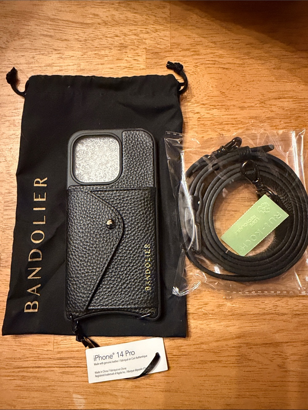 Bandolier Black Leather iPhone 14 Pro Crossbody Case with Detachable Strap